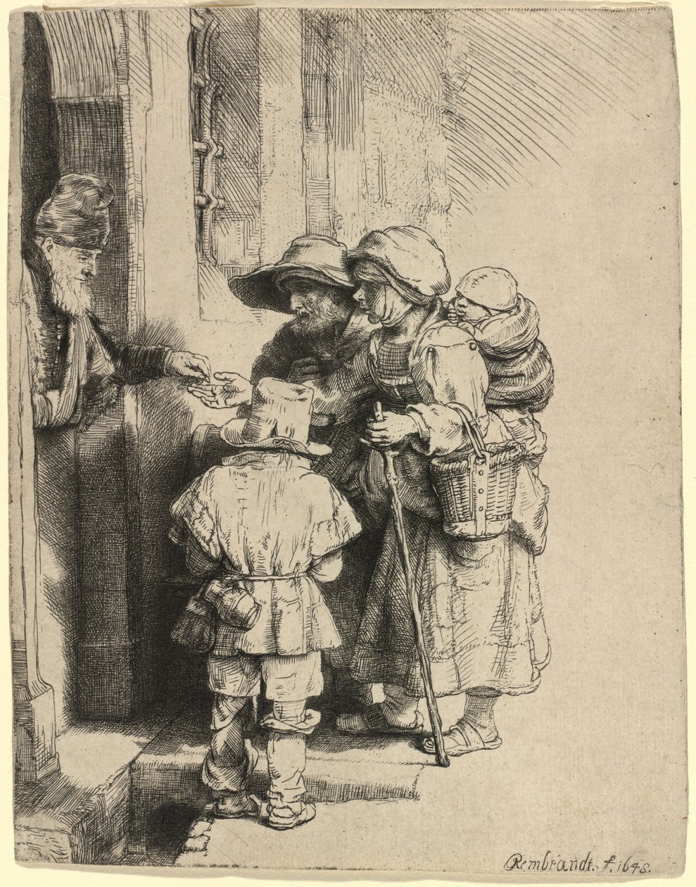 Bettler, die Almosen an der Tür eines Hauses empfangen von Rembrandt van Rijn