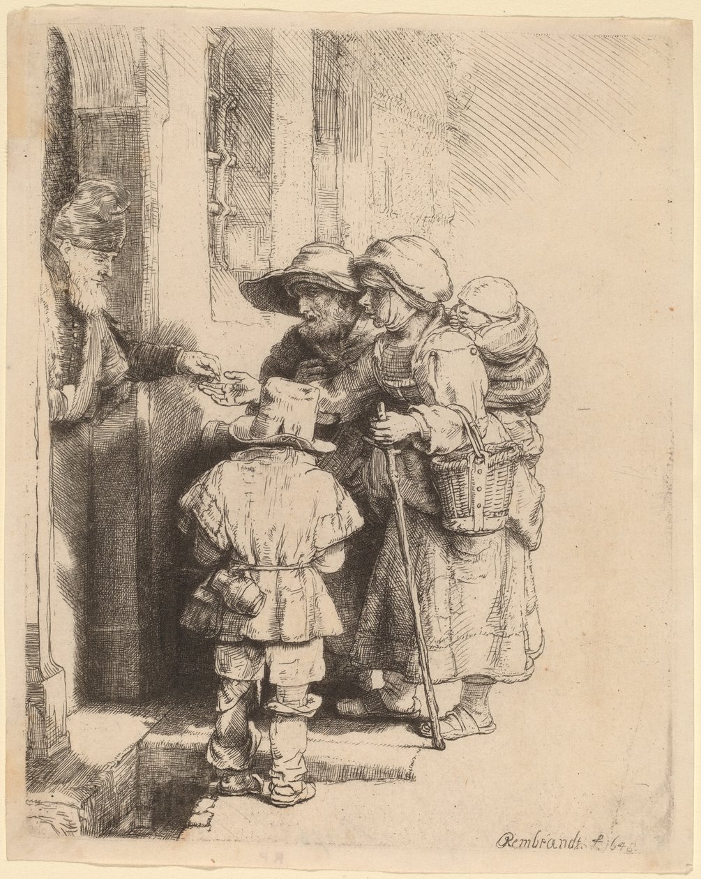 Bettler erhalten Almosen an der Tür eines Hauses von Rembrandt van Rijn