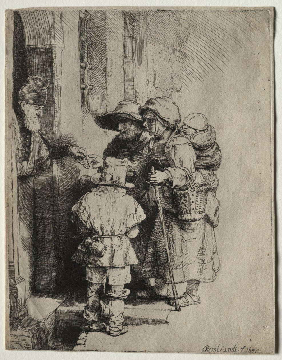 Bettler erhalten Almosen an der Tür eines Hauses von Rembrandt van Rijn