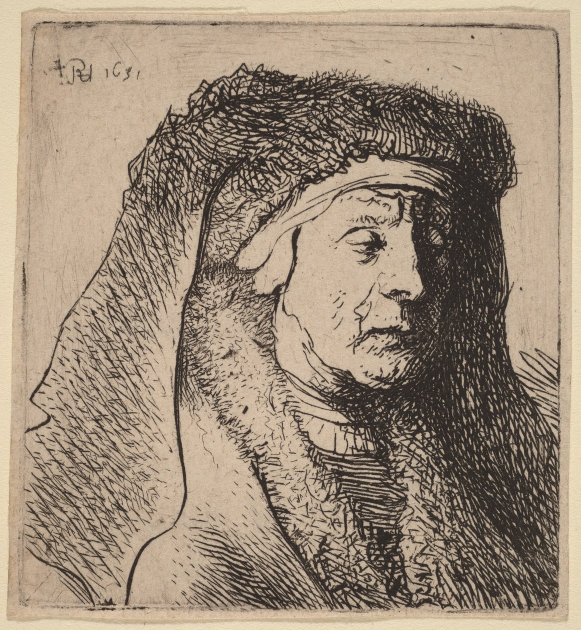Büste einer alten Frau in einem Pelzmantel und schwerem Kopfschmuck von Rembrandt van Rijn