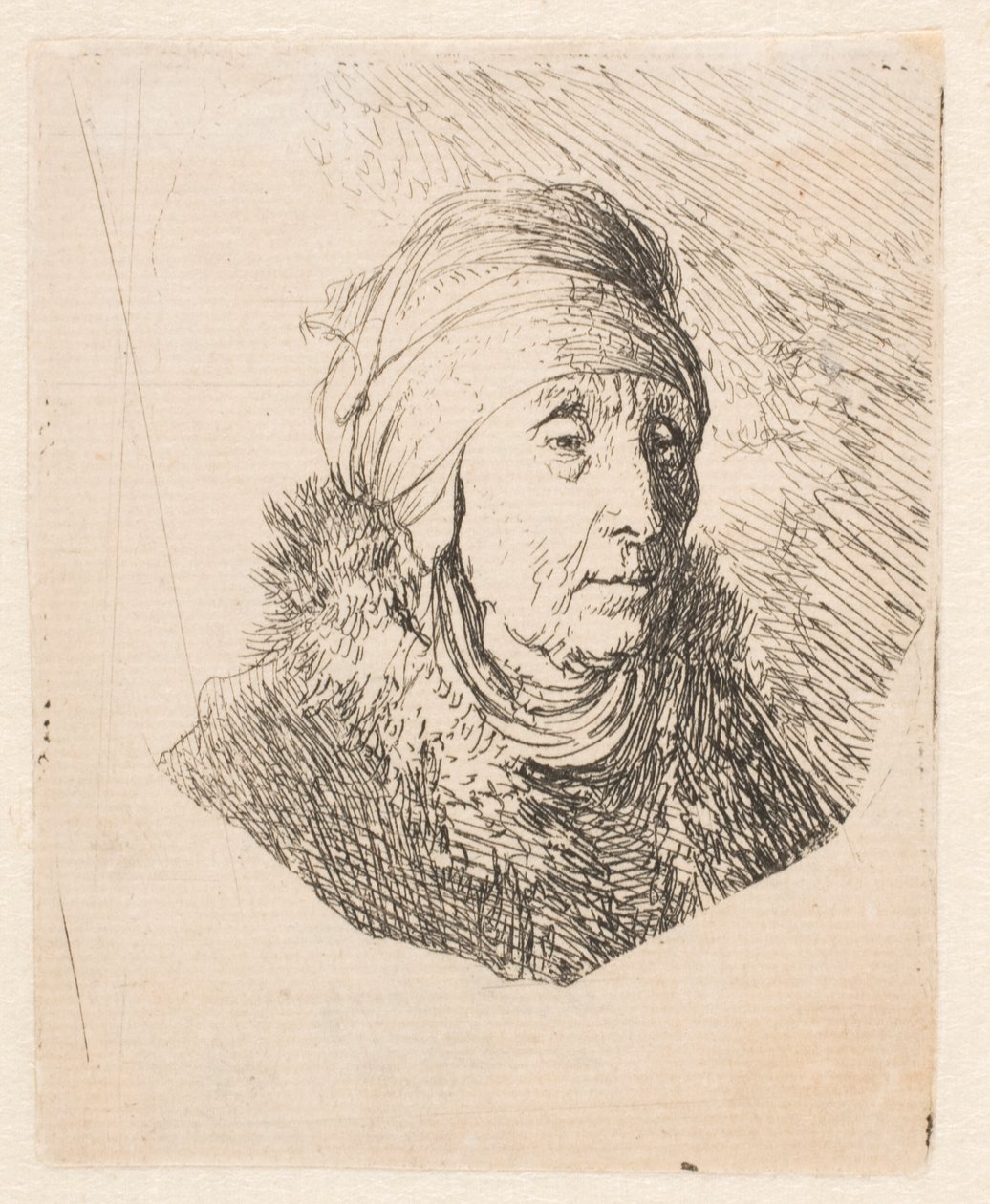 Büste einer alten Frau mit hohem Kopfschmuck, um das Kinn gebunden von Rembrandt van Rijn