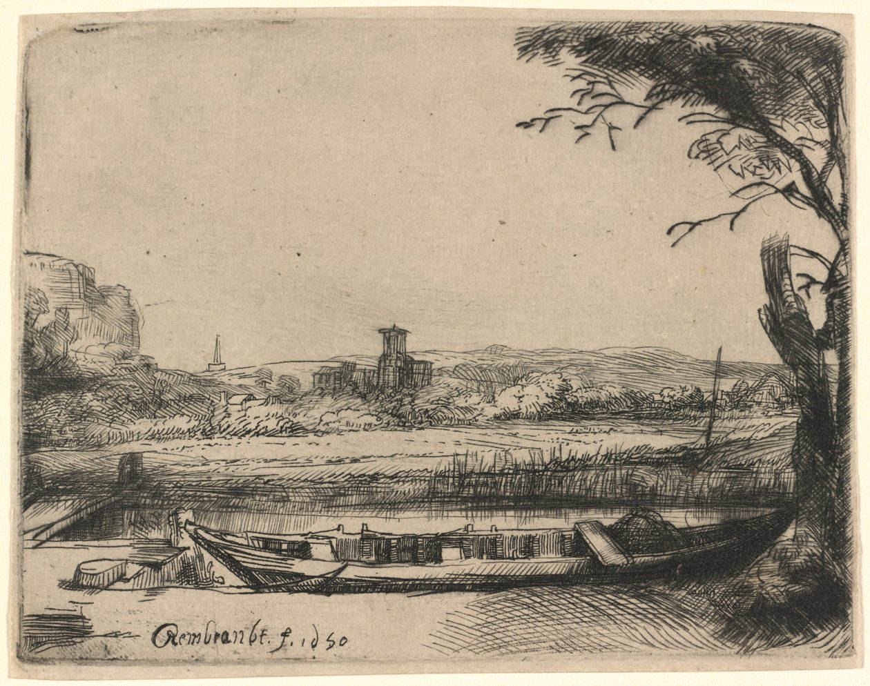 Kanal mit großem Boot und Brücke von Rembrandt van Rijn