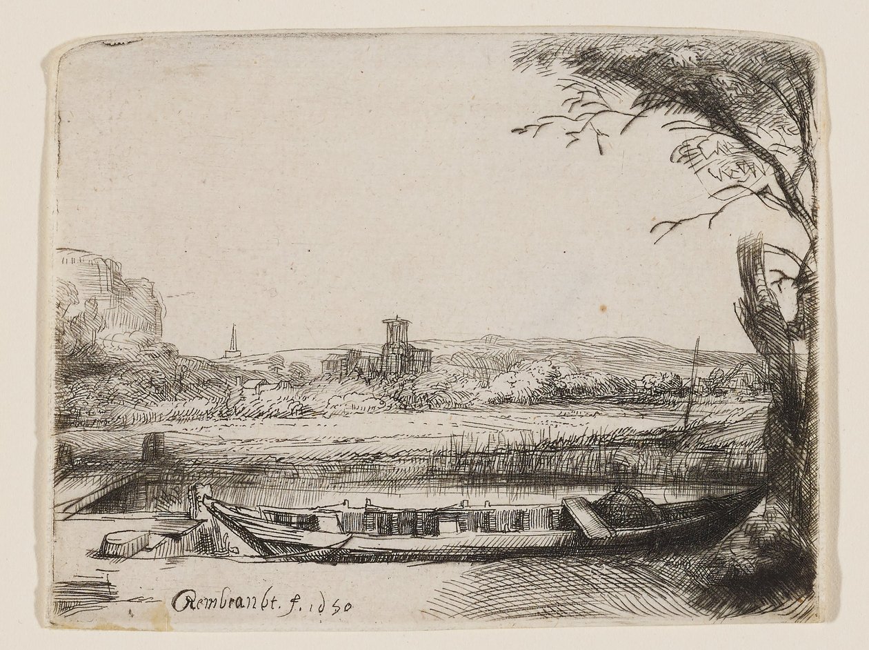 Kanal mit einem großen Boot und Brücke von Rembrandt van Rijn