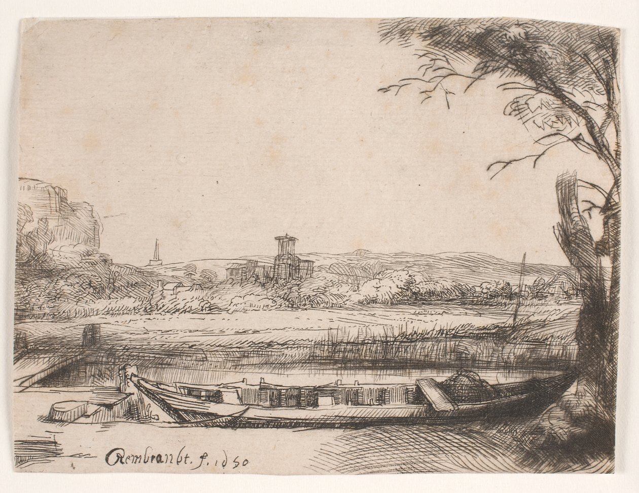 Kanal mit großem Boot und Brücke von Rembrandt van Rijn