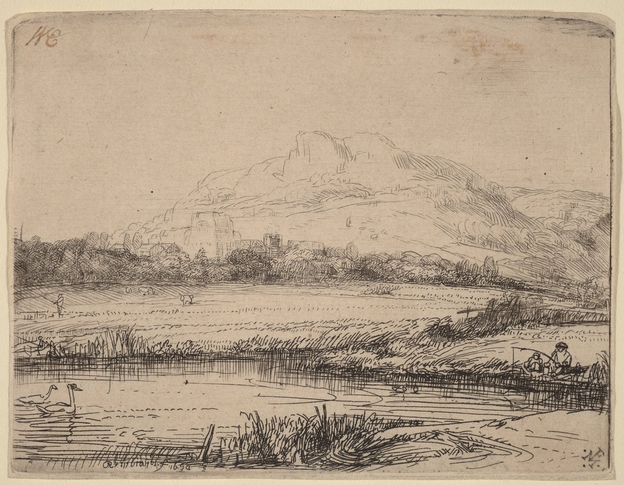 Kanal mit einem Angler und zwei Schwänen von Rembrandt van Rijn
