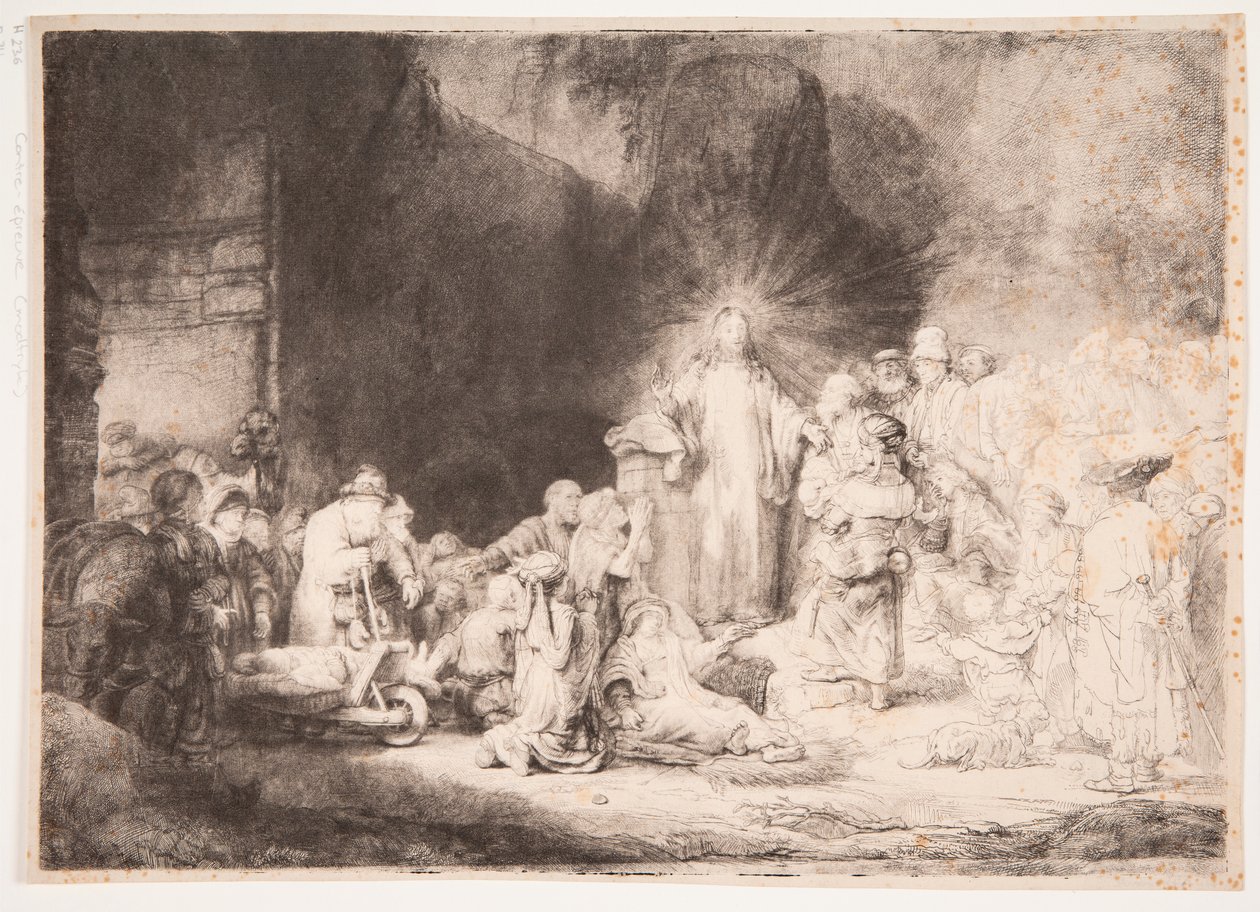 Christus mit den Kranken um ihn, empfängt kleine Kinder (der "Hundert-Gulden-Druck") von Rembrandt van Rijn