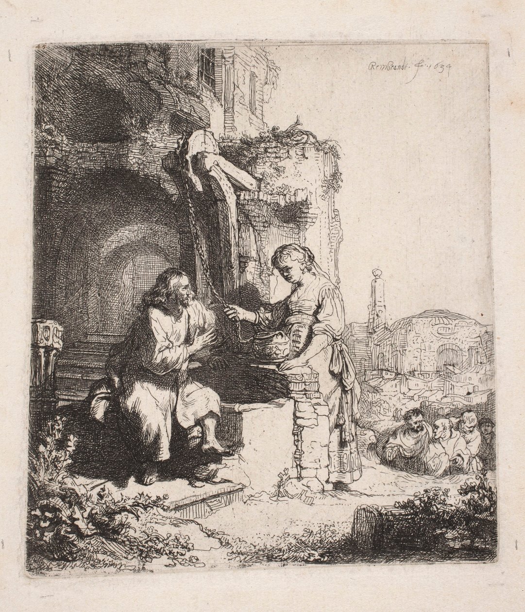 Christus und die Samariterin unter Ruinen (vertikaler Stich) von Rembrandt van Rijn