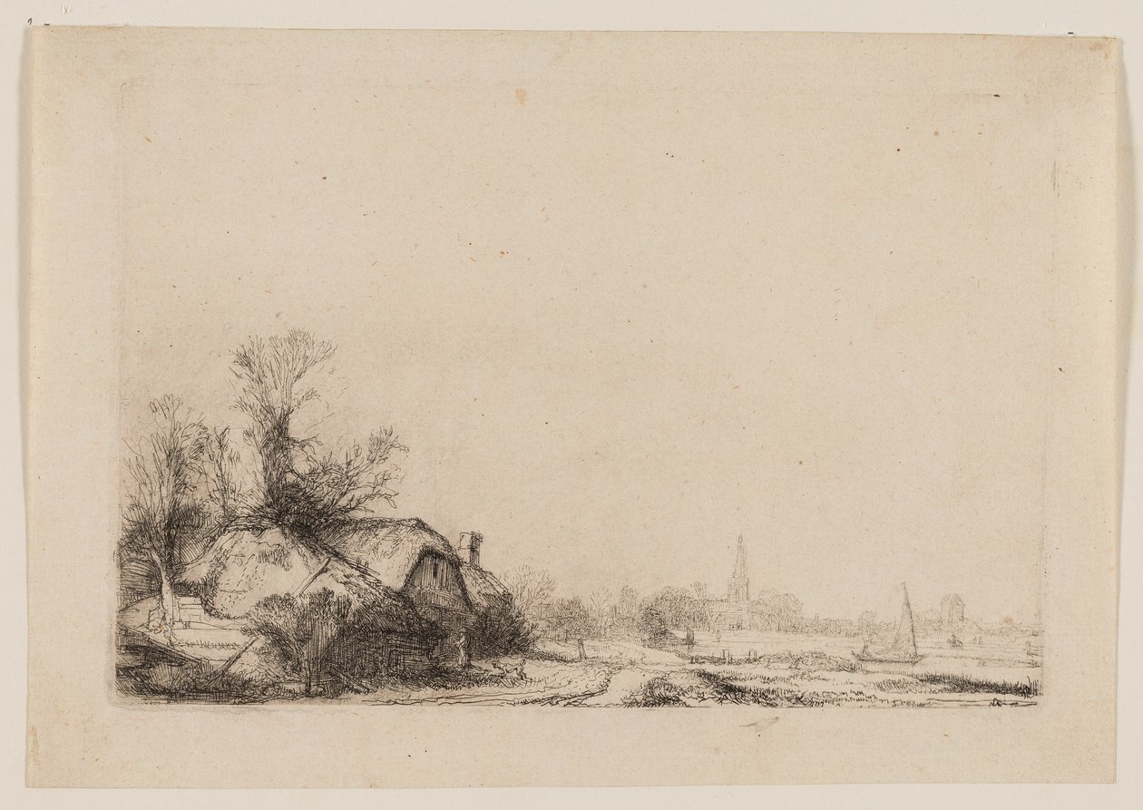Hütte neben einem Kanal mit Blick auf Ouderkerk von Rembrandt van Rijn