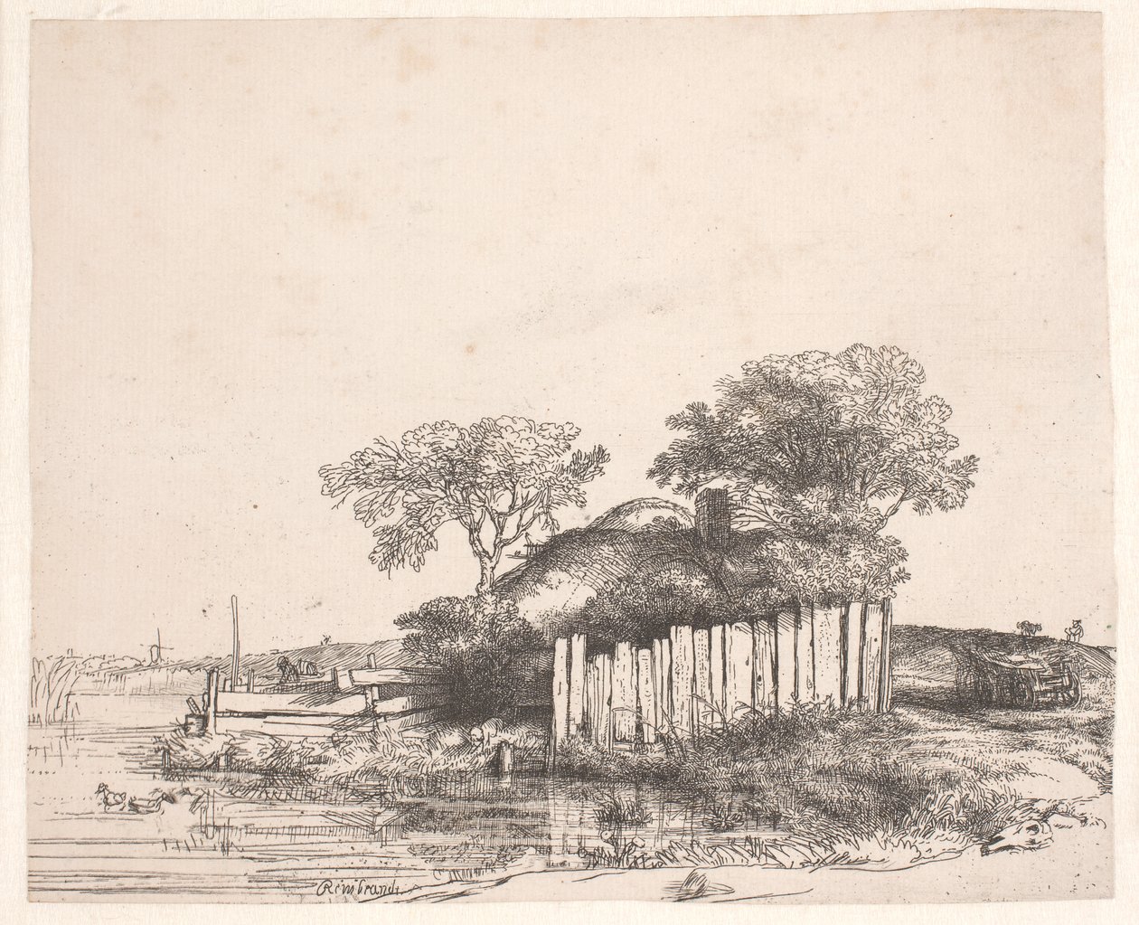 Hütte mit weißem Zaun von Rembrandt van Rijn