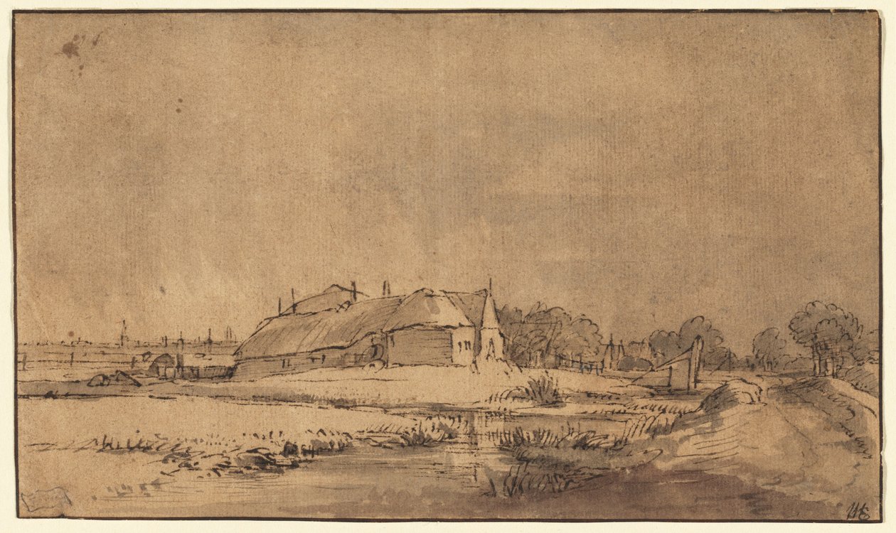 Cottages und Scheune an einer Straße von Rembrandt van Rijn