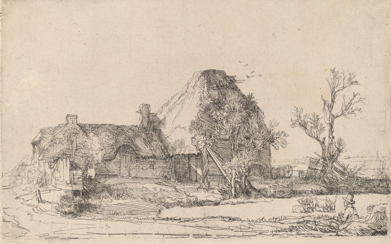 Häuser und Bauerngebäude mit einem zeichnenden Mann, ca. 1645 von Rembrandt van Rijn