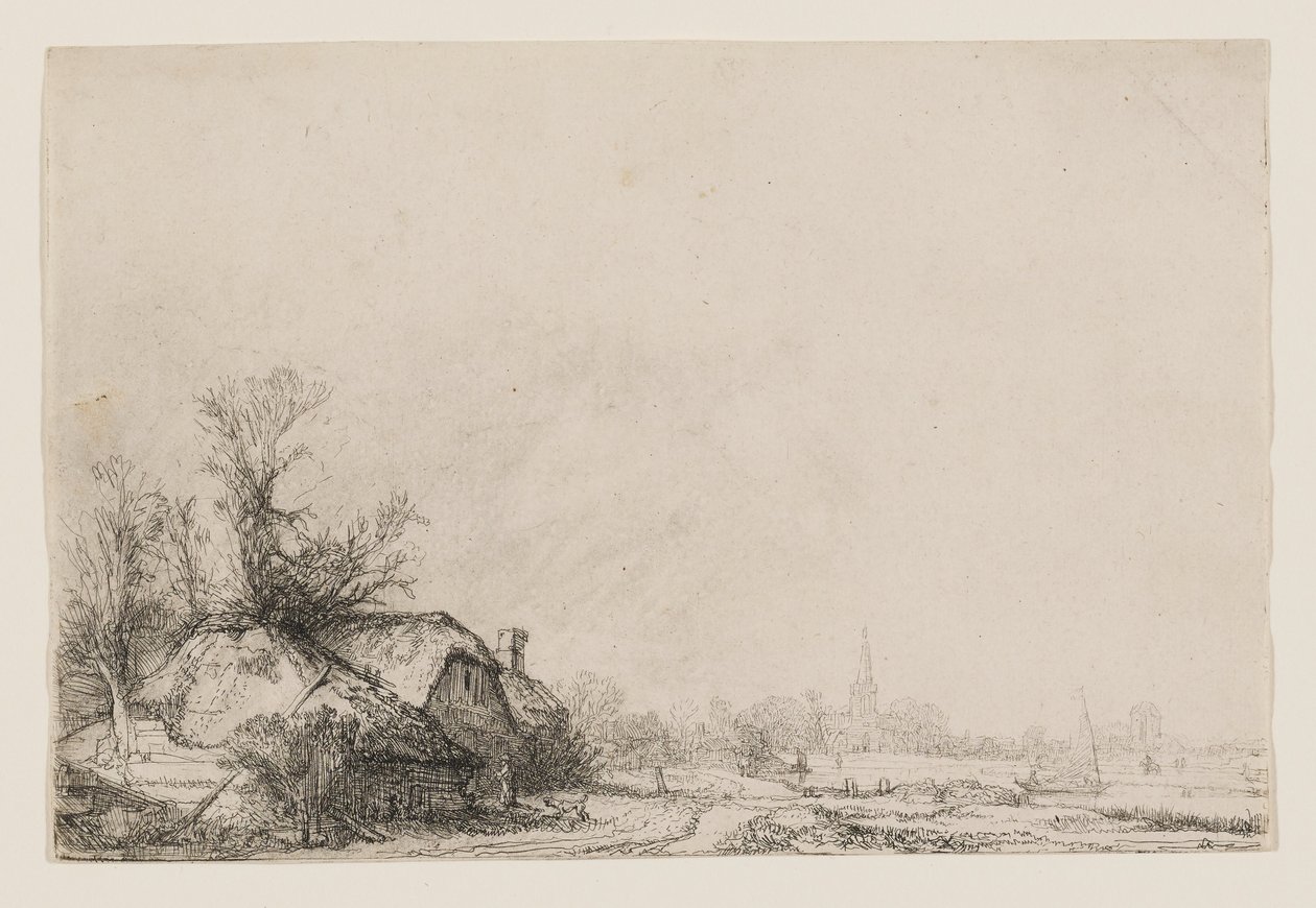 Häuser am Kanal mit Kirche und Segelboot von Rembrandt van Rijn