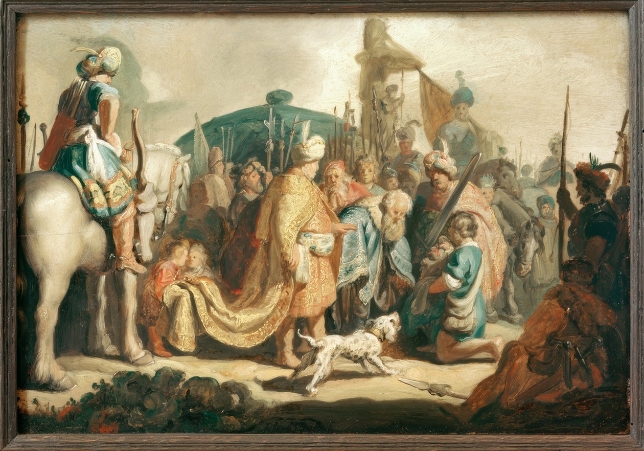David kniet mit dem Haupte Goliaths vor Saul von Rembrandt van Rijn