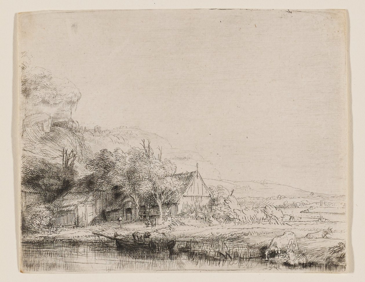 Landschaft mit einer Kuh, die trinkt von Rembrandt van Rijn
