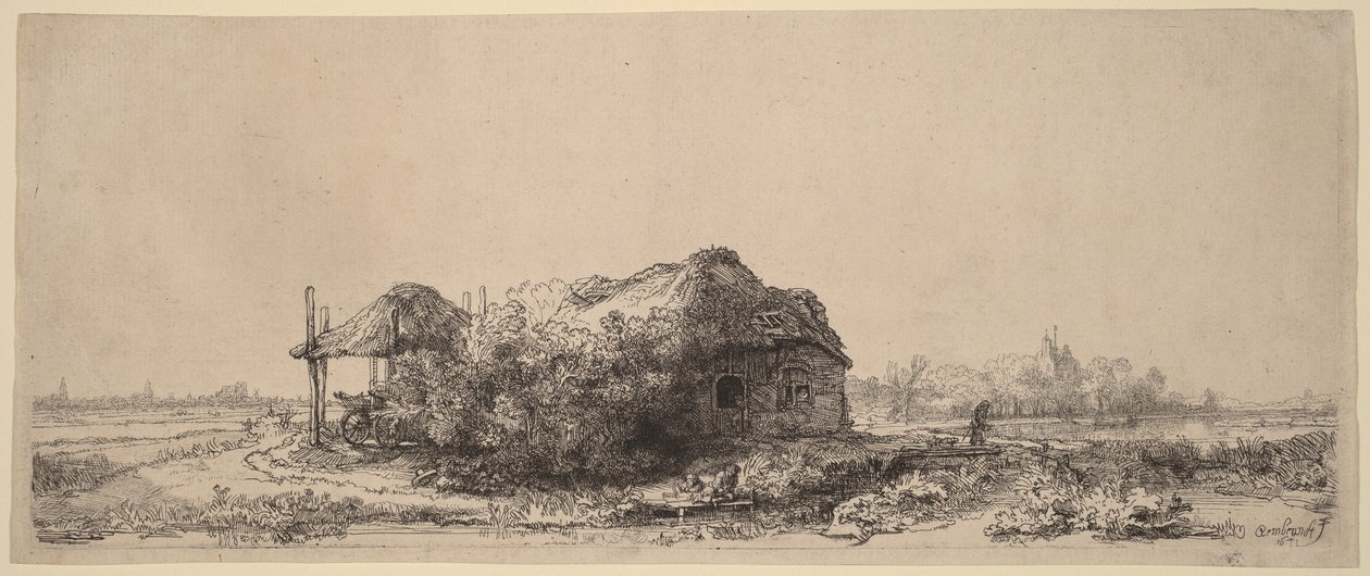 Landschaft mit einem Cottage und Heuscheune: Querformat von Rembrandt van Rijn
