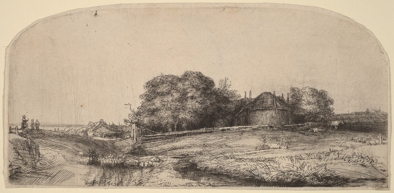 Landschaft mit Heuscheune und Schafherde von Rembrandt van Rijn