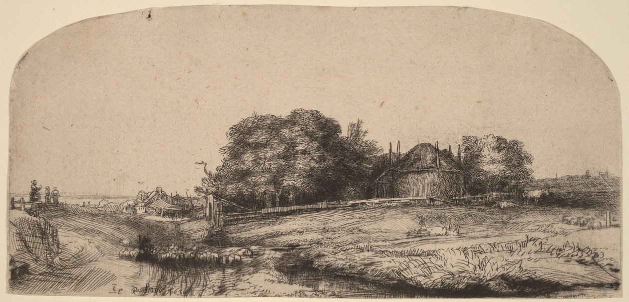 Landschaft mit einer Heuscheune und einer Schafherde von Rembrandt van Rijn