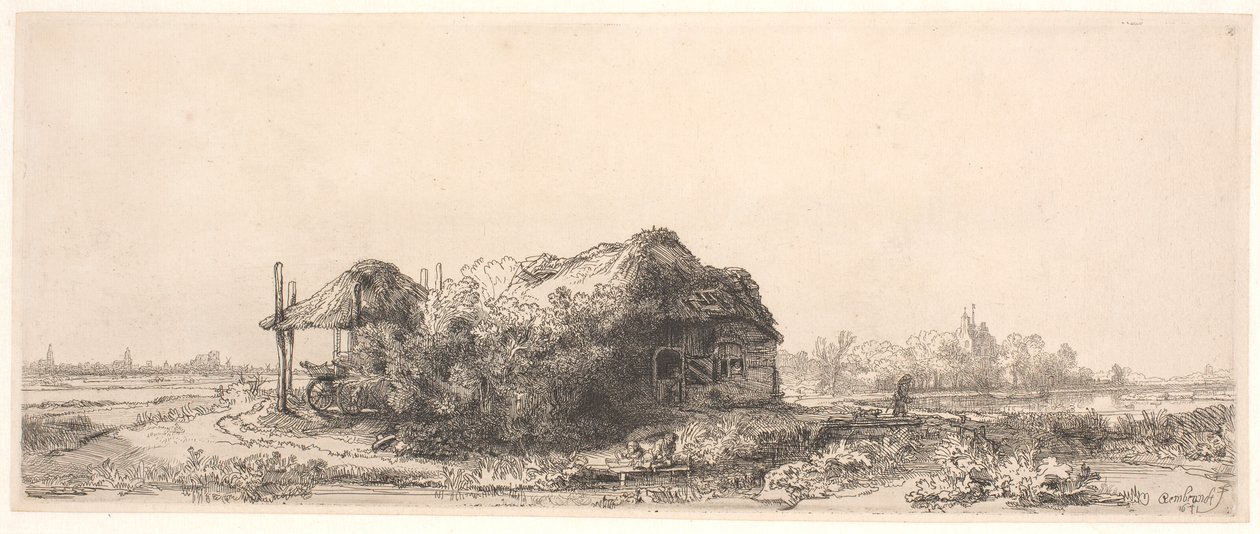 Landschaft mit einem Cottage und Heuscheune: Querformat von Rembrandt van Rijn