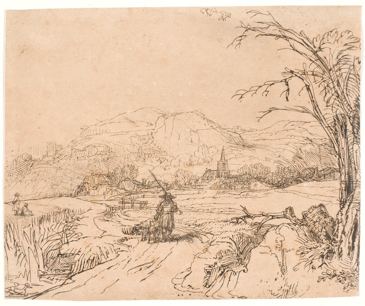 Landschaft mit einem Sportler und Hunden von Rembrandt van Rijn