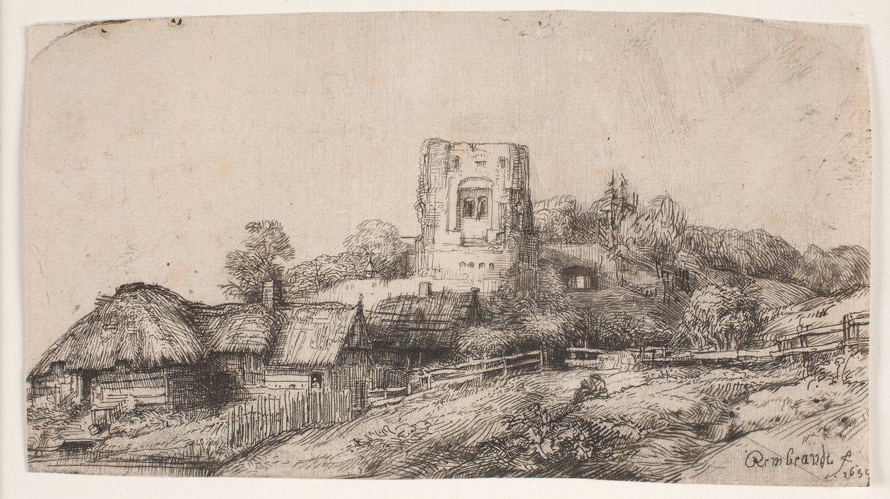 Landschaft mit einem quadratischen Turm von Rembrandt van Rijn