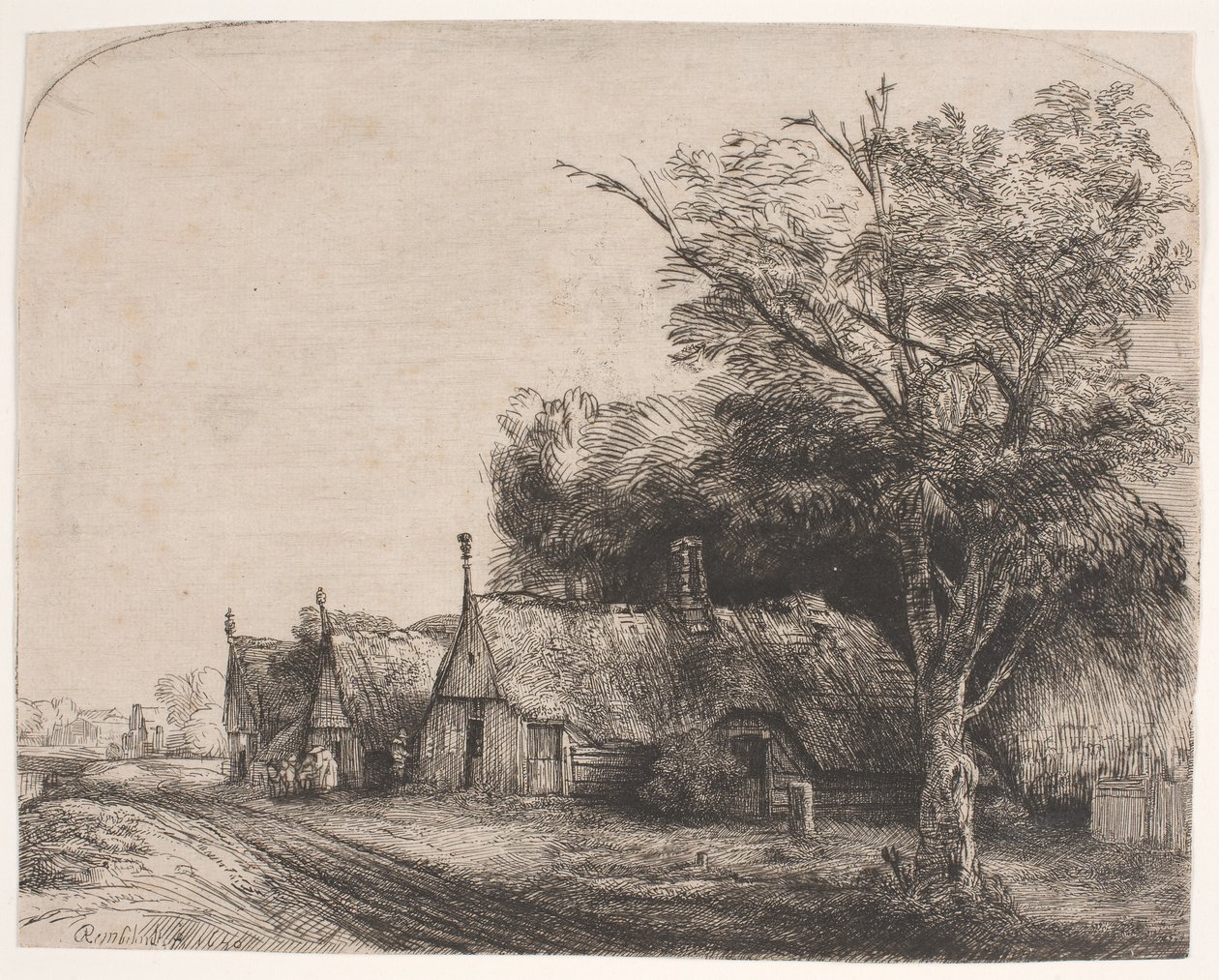Landschaft mit drei giebelständigen Häusern an einer Straße von Rembrandt van Rijn