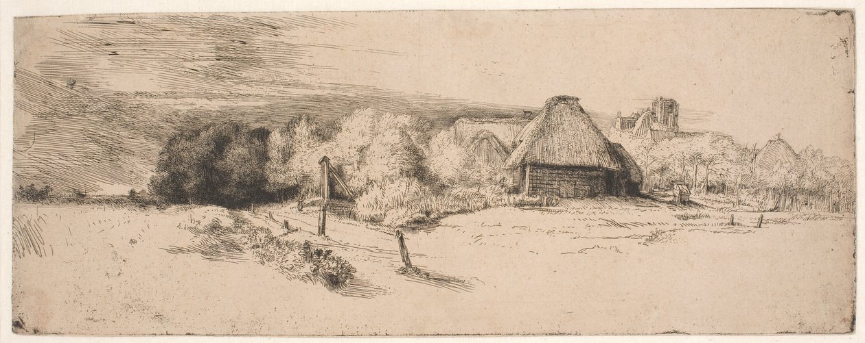 Landschaft mit Bäumen, Bauernhäusern und einem Turm von Rembrandt van Rijn