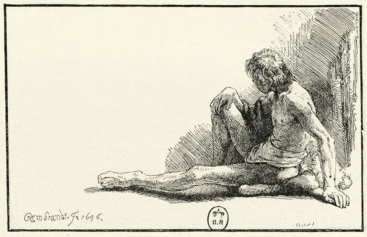 Männlicher Akt, am Boden sitzend von Rembrandt van Rijn