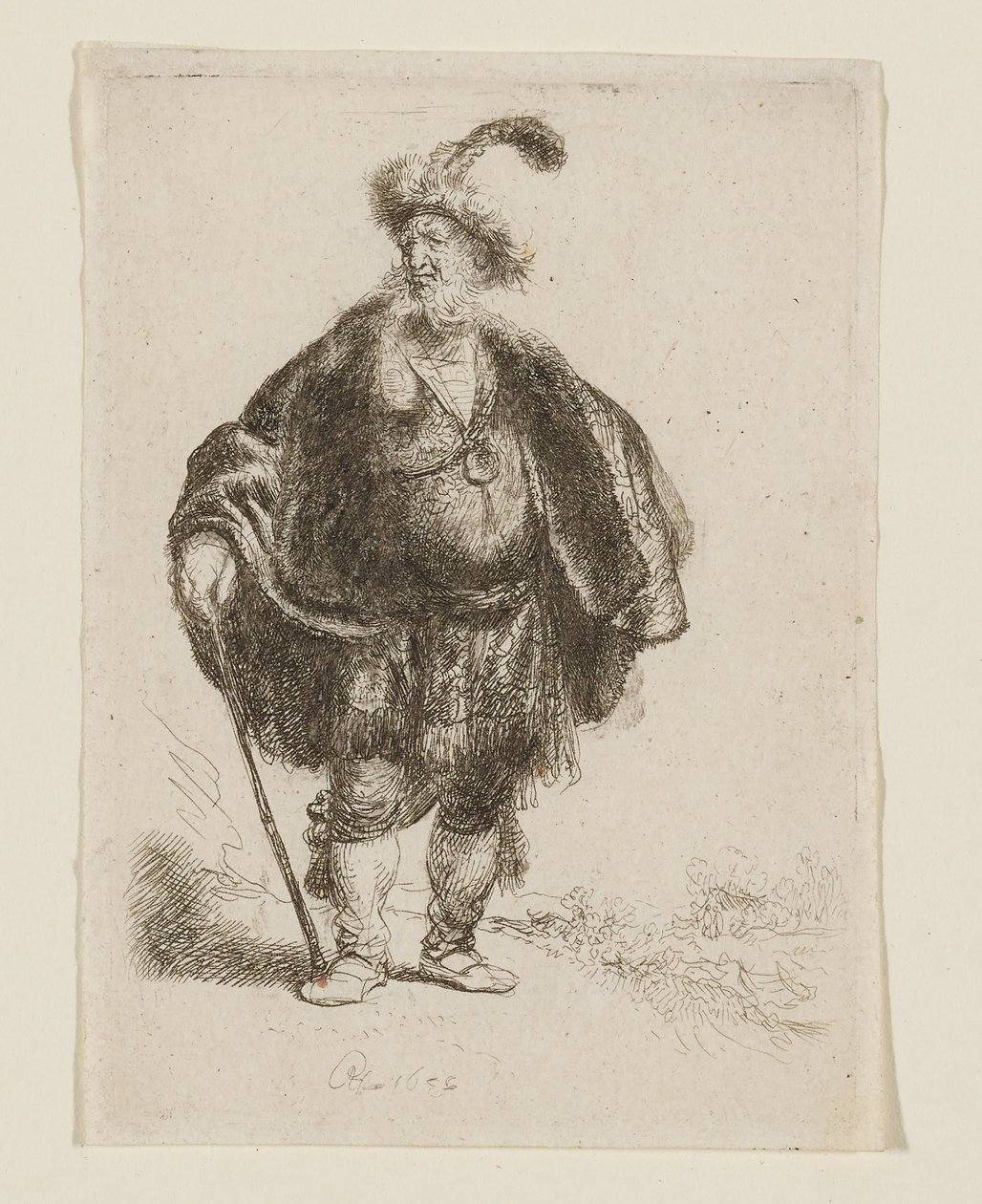 Stehender Mann in orientalischem Kostüm und Federfellmütze von Rembrandt van Rijn