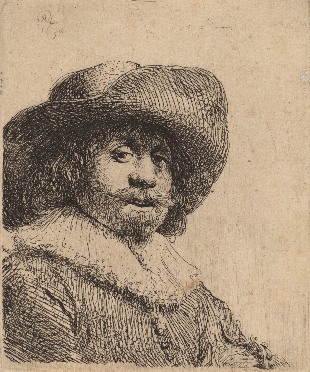 Mann mit breitkrempigem Hut, möglicherweise 1638 von Rembrandt van Rijn