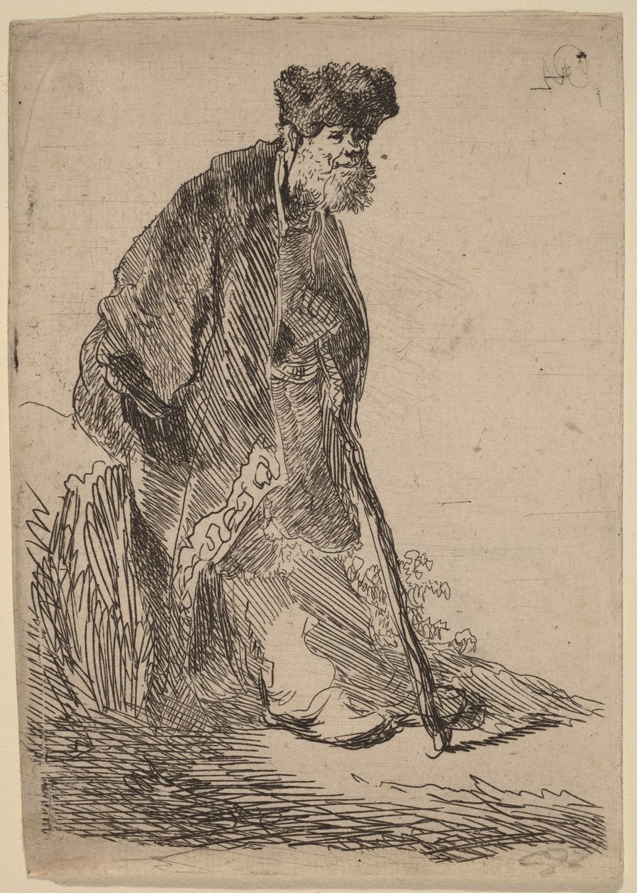Mann in einem Mantel und Pelzmütze, der sich gegen eine Böschung lehnt von Rembrandt van Rijn