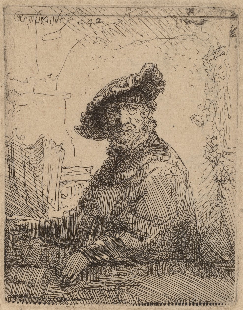 Mann in einem Laubengang von Rembrandt van Rijn