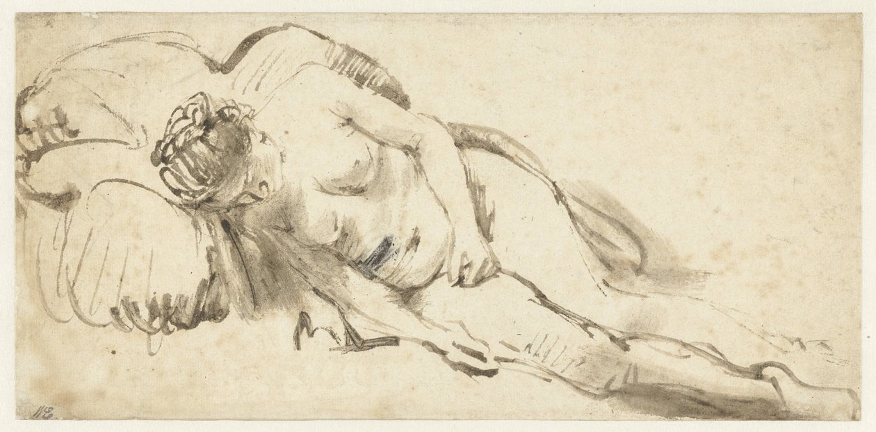Nackte Frau, die auf einem Kissen liegt von Rembrandt van Rijn