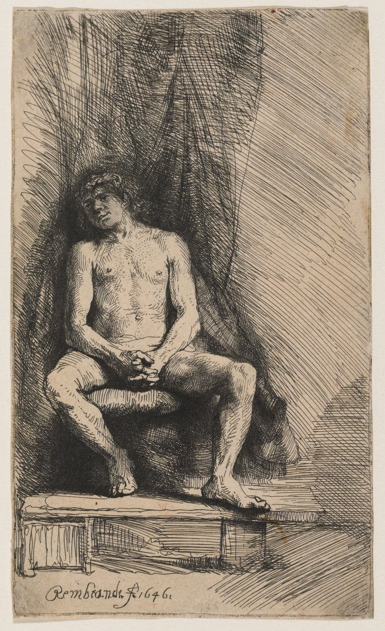 Nackter Jüngling vor einem Vorhang sitzend von Rembrandt van Rijn