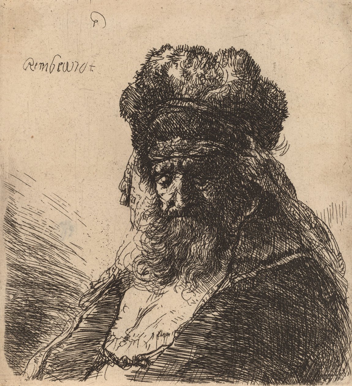 Alter bärtiger Mann mit geschlossenen Augen in einer hohen Pelzmütze, ca. 1635 von Rembrandt van Rijn