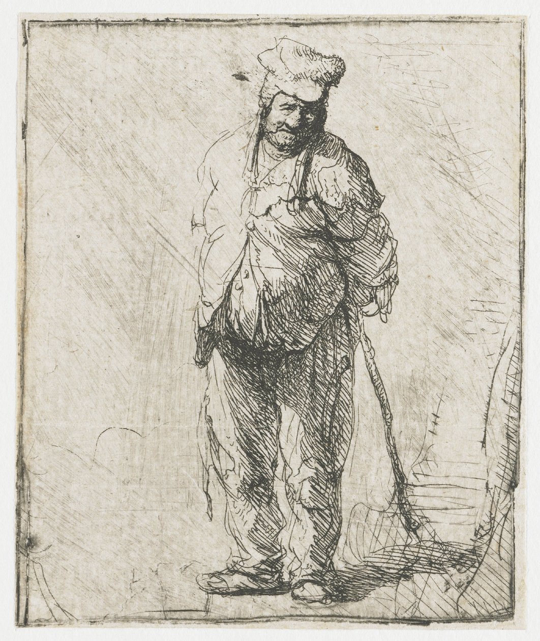 Zerlumpter Bauer mit hinter dem Rücken gehaltenem Stock von Rembrandt van Rijn