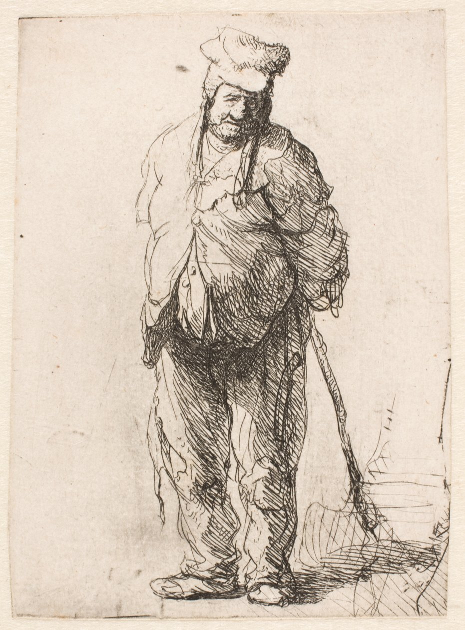 Zerlumpter Bauer mit hinter dem Rücken gehaltenem Stock von Rembrandt van Rijn