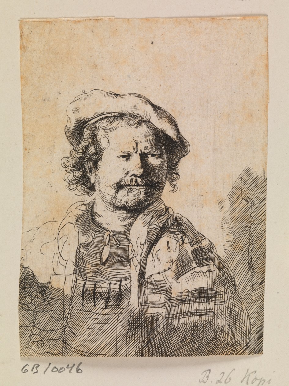 Rembrandt mit flacher Mütze und besticktem Kleid von Rembrandt van Rijn