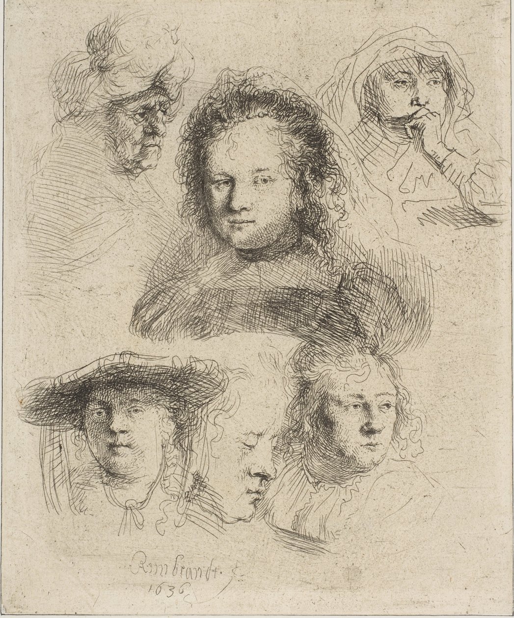 Rembrandts Frau und fünf andere Köpfe, 1636 von Rembrandt van Rijn