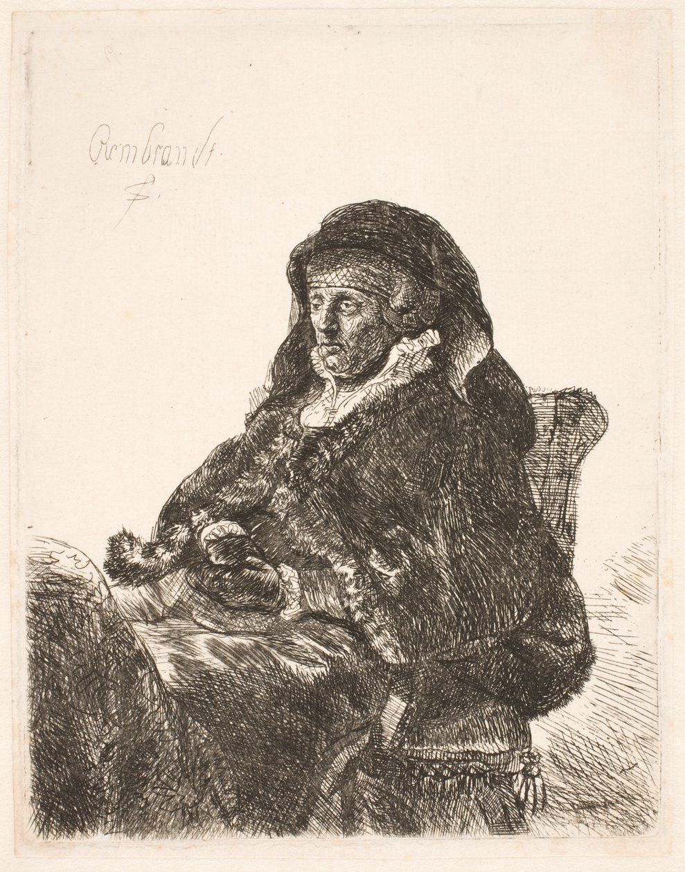 Rembrandts Mutter in Witwenkleid und schwarzen Handschuhen von Rembrandt van Rijn
