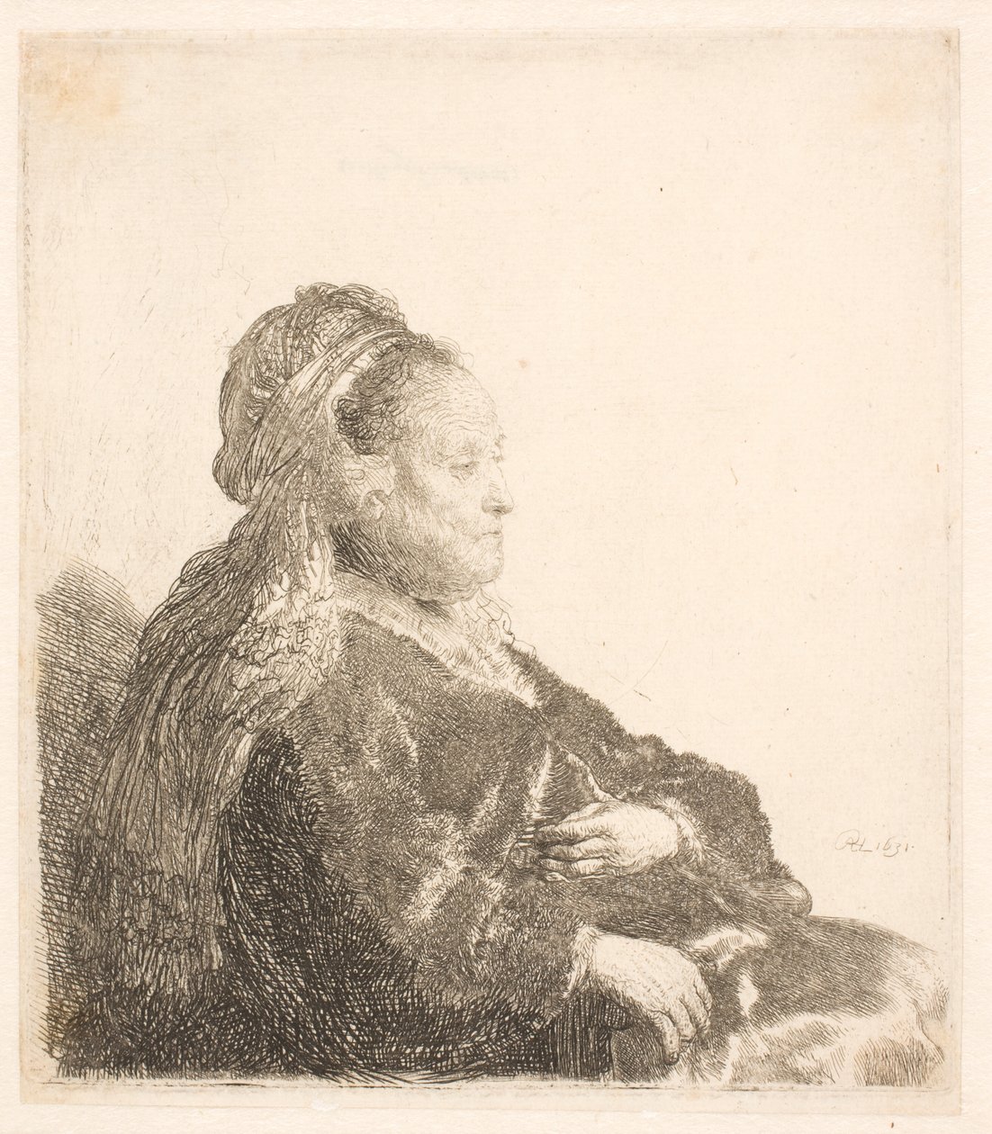 Rembrandts Mutter, sitzend nach rechts gewandt, in orientalischem Kopfschmuck: Halbfigur, Hände zeigend von Rembrandt van Rijn
