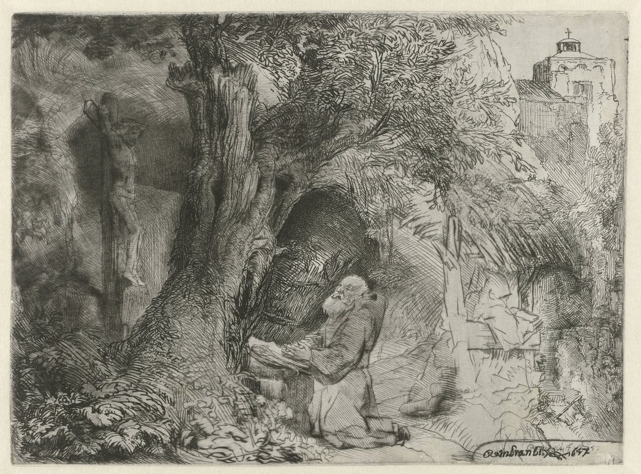 Heiliger Franziskus unter einem Baum betend von Rembrandt van Rijn