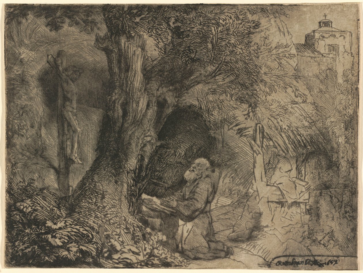 Der heilige Franziskus unter einem Baum betend von Rembrandt van Rijn