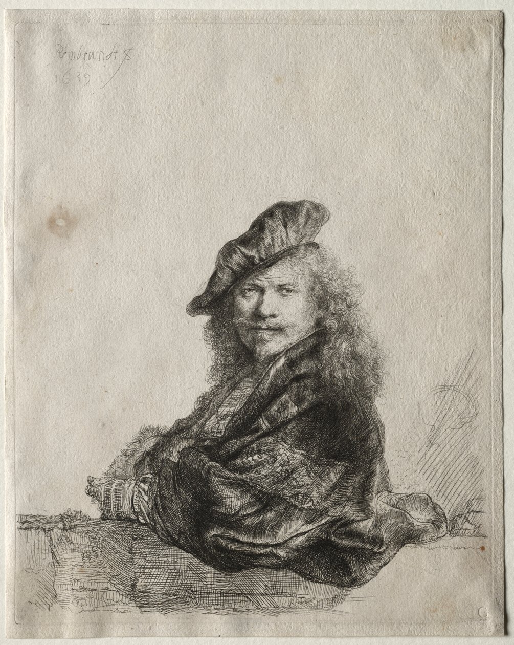 Selbstporträt, das sich auf einen Steinsims lehnt von Rembrandt van Rijn