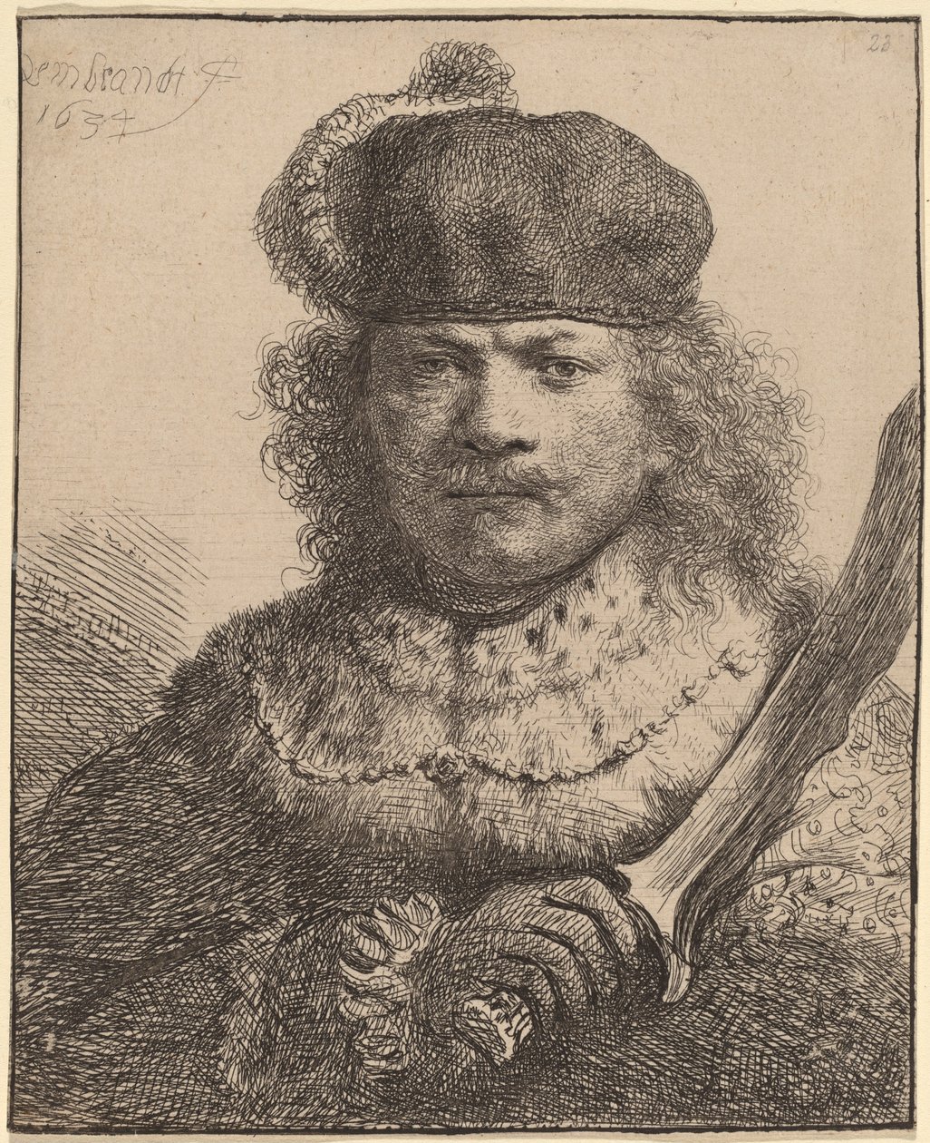 Selbstporträt mit erhobenem Säbel von Rembrandt van Rijn