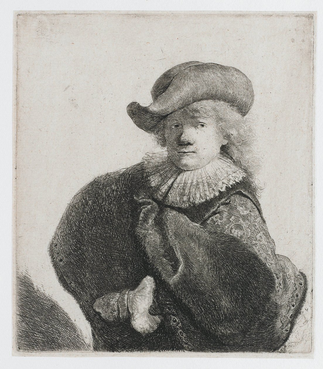 Selbstporträt mit weichem Hut und gemustertem Umhang von Rembrandt van Rijn