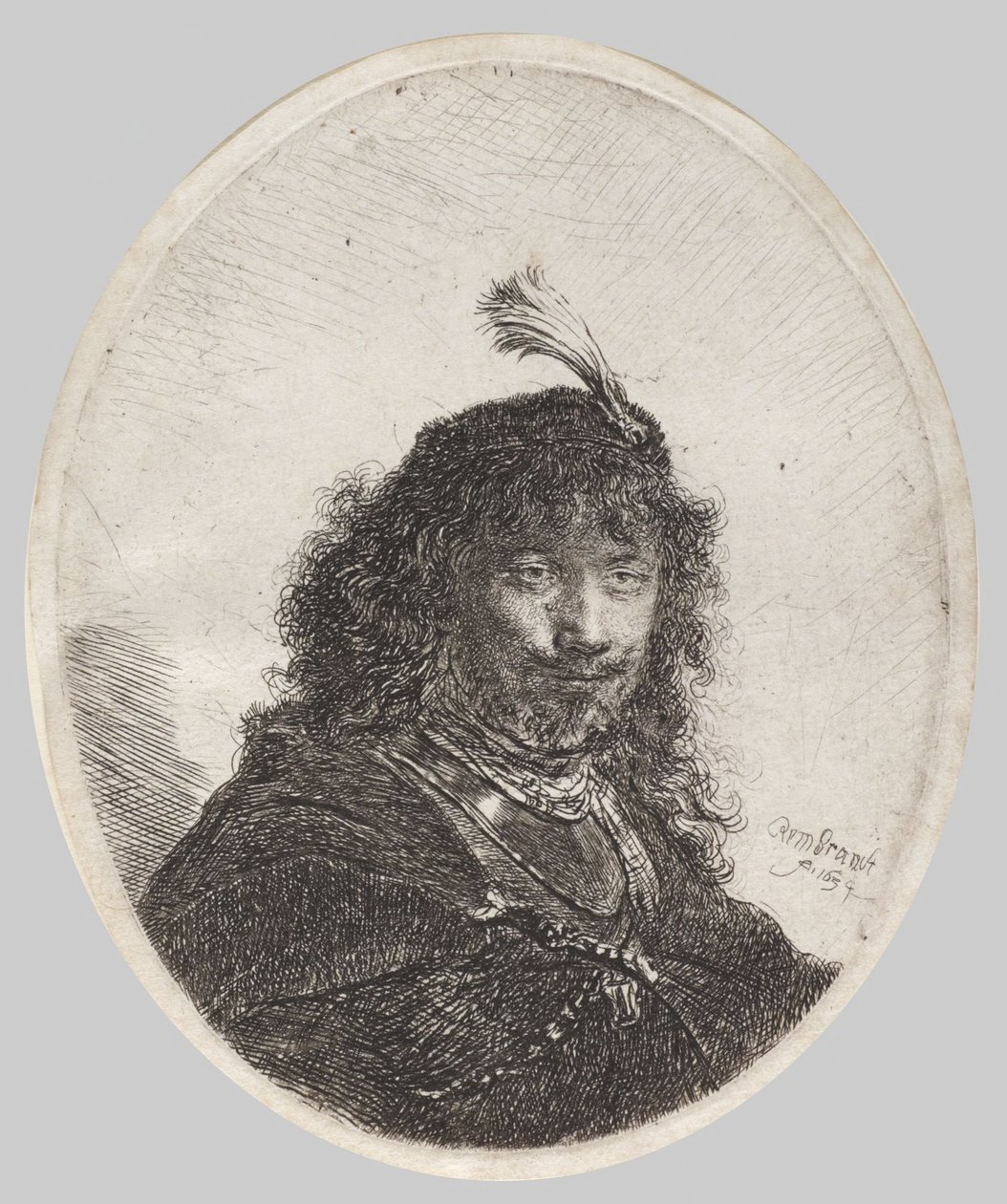 Selbstporträt mit Federhut und gesenktem Säbel von Rembrandt van Rijn
