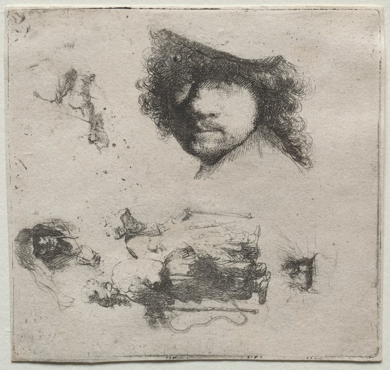 Blatt mit Studien: Selbstporträt, ein Bettlerpaar usw. von Rembrandt van Rijn