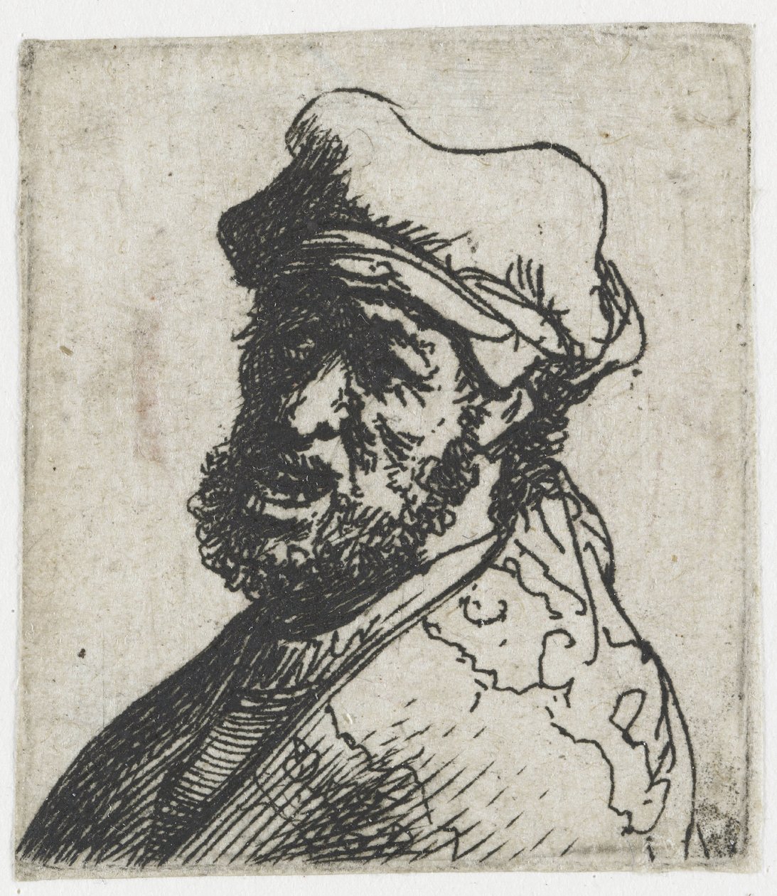 Blatt mit Studien von Männerköpfen: Mann, der schreit, drei Viertel links: Büste von Rembrandt van Rijn
