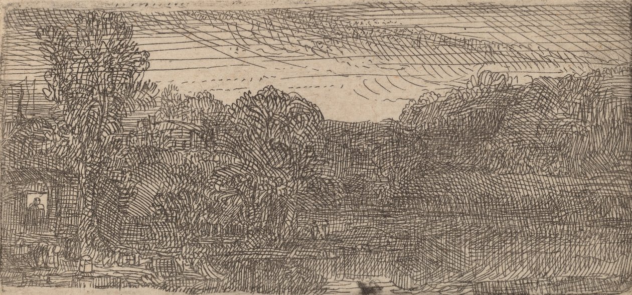 Kleine graue Landschaft: ein Haus und Bäume neben einem Teich, ca. 1640 von Rembrandt van Rijn