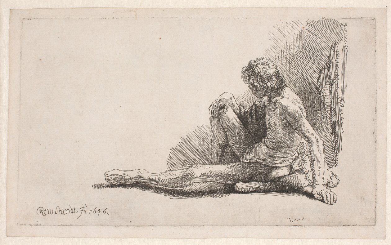 Studie vom Akt: Mann sitzt auf dem Boden mit einem ausgestreckten Bein von Rembrandt van Rijn